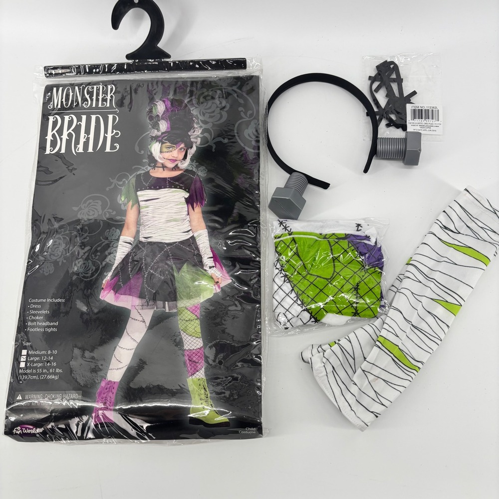 Monster Bride Girls Costume Set Large 12-14 Black Green Purple 5pc Fun World